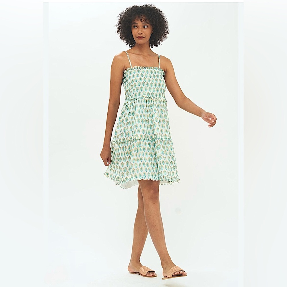 Oliphant Spaghetti Strap Green and White Mini Dress